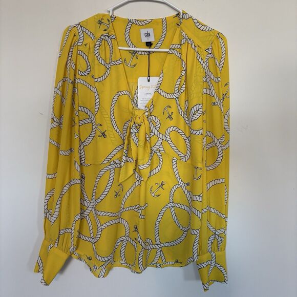 CAbi Reef Knot Blouse Top Size Small Style 5707 Long Sleeve Yellow Nautical NWT - Picture 2 of 11